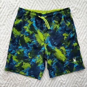 Spyder Boys Board Shorts Swim Trunks Blue Green Neon Print Size S 7/8